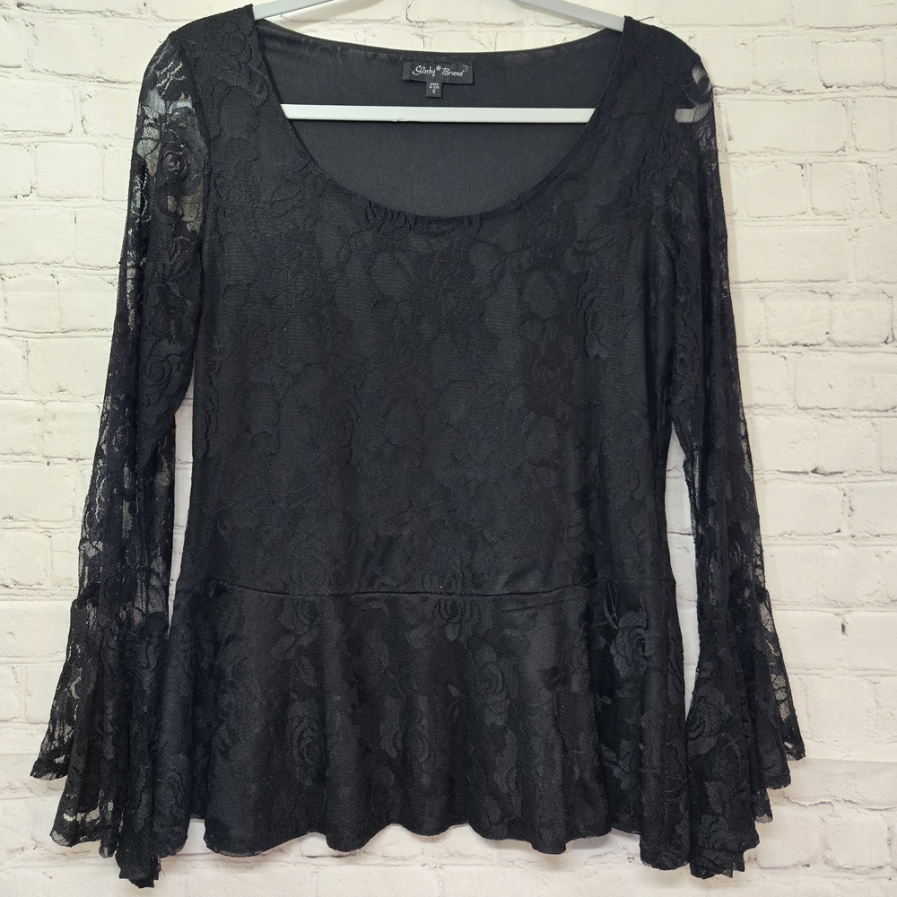 Slinky‎ Brand Blsck Lace Peplum Bell Sleeve Blouse Sz S Gothic Vampy Witchy